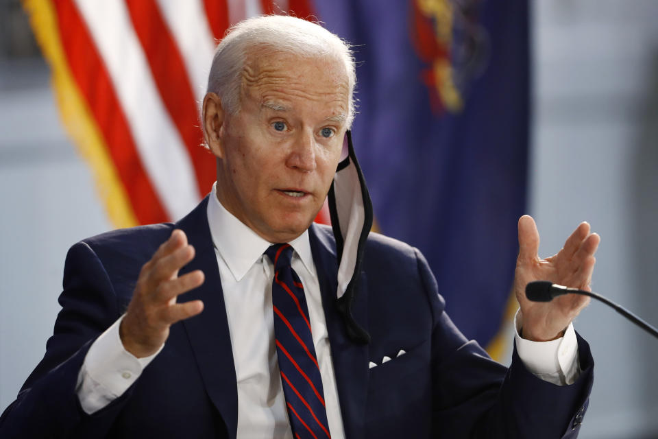 Democratic presidential candidate, former Vice President Joe Biden speaks during a roundtable on economic reopening with community members, Thursday, June 11, 2020, in Philadelphia. (AP Photo/Matt Slocum)