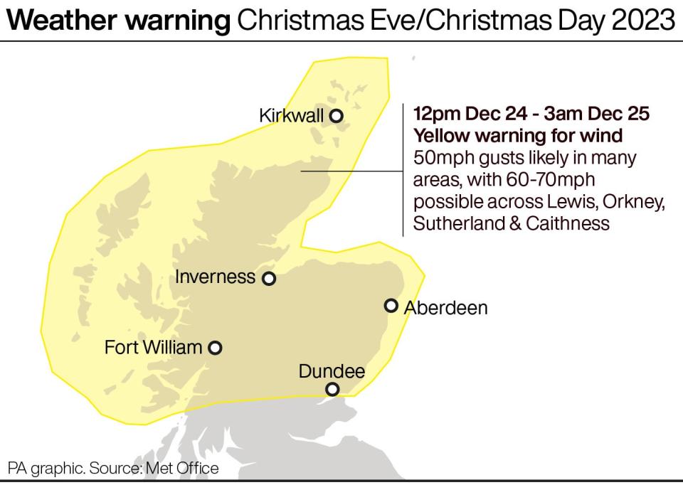 Weather warning Christmas Eve and Christmas Day 2023. (PA Wire)