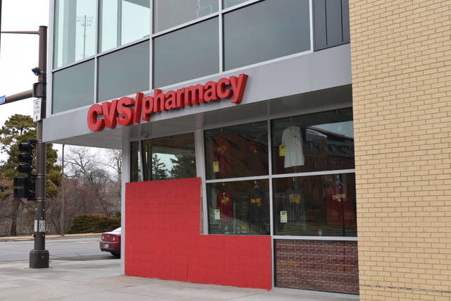 CVS Pharmacy, located at 2420 Lincoln Way in Ames, sustained roughly $2,500 in damages after a car crashed into it on Friday evening. Photo by Kylee Mullen/Ames Tribune