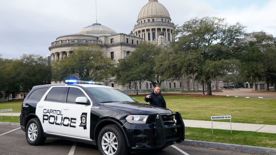 A Capitol police officer responding to a swatting incident January 3 at the Mississippi State Capitol in Jackson. - Rogelio V. Solis/AP