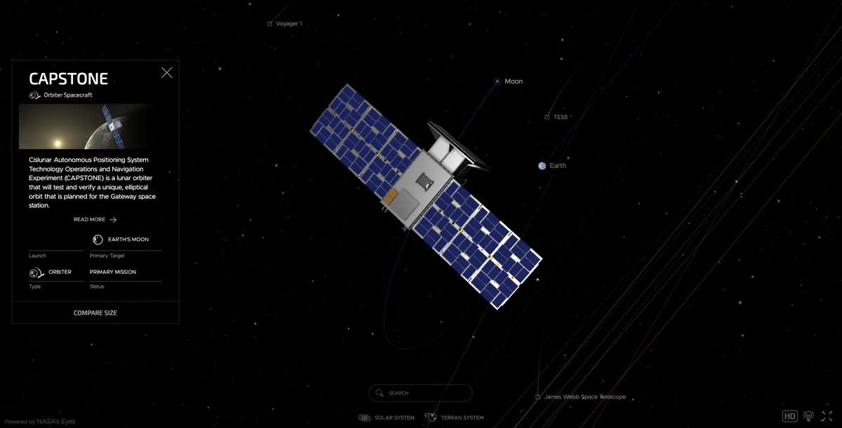 A digital illustration of Nasa’s Capstone spacecraft during its ballistic lunar transfer to enter orbit around the Moon in November (Nasa)