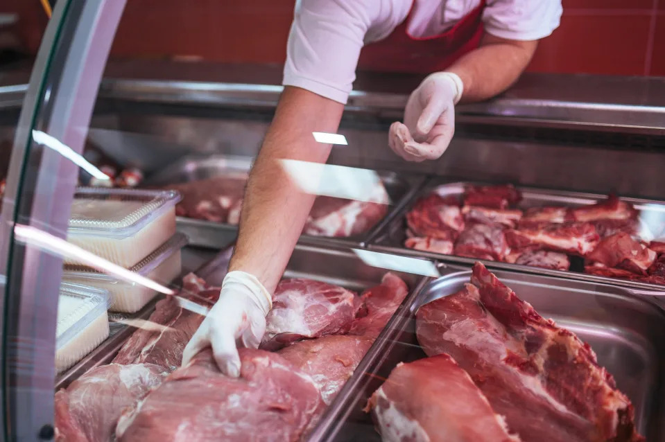 A variety of meat in the butcher shop.