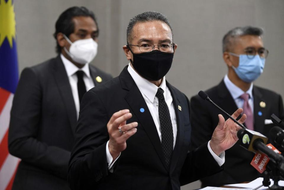 Defence Minister Datuk Seri Hishammuddin Hussein speaks during a press conference in Parliament, Kuala Lumpur September 14,2021. — Bernama pic