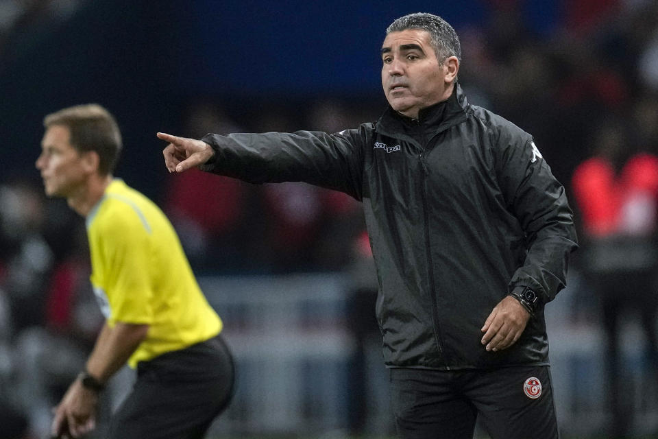 FILE - Tunisia's coach Jalel Kadri gestures during the international friendly soccer match between Brazil and Tunisia at the Parc des Princes stadium in Paris, France, Tuesday, Sept. 27, 2022. (AP Photo/Christophe Ena, File)