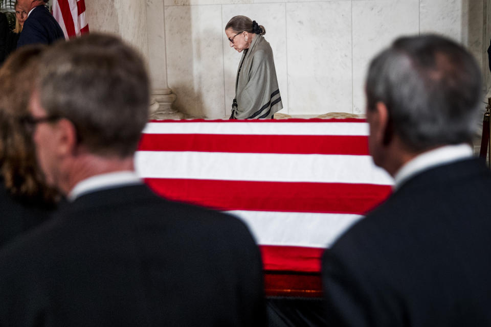 Associate Justice Ruth Bader Ginsburg is the last justice to leave a private ceremony in the Great Hall of the Supreme Court in Washington, Monday, July 22, 2019, where the late Supreme Court Justice John Paul Stevens lies in repose. (AP Photo/Andrew Harnik, pool)