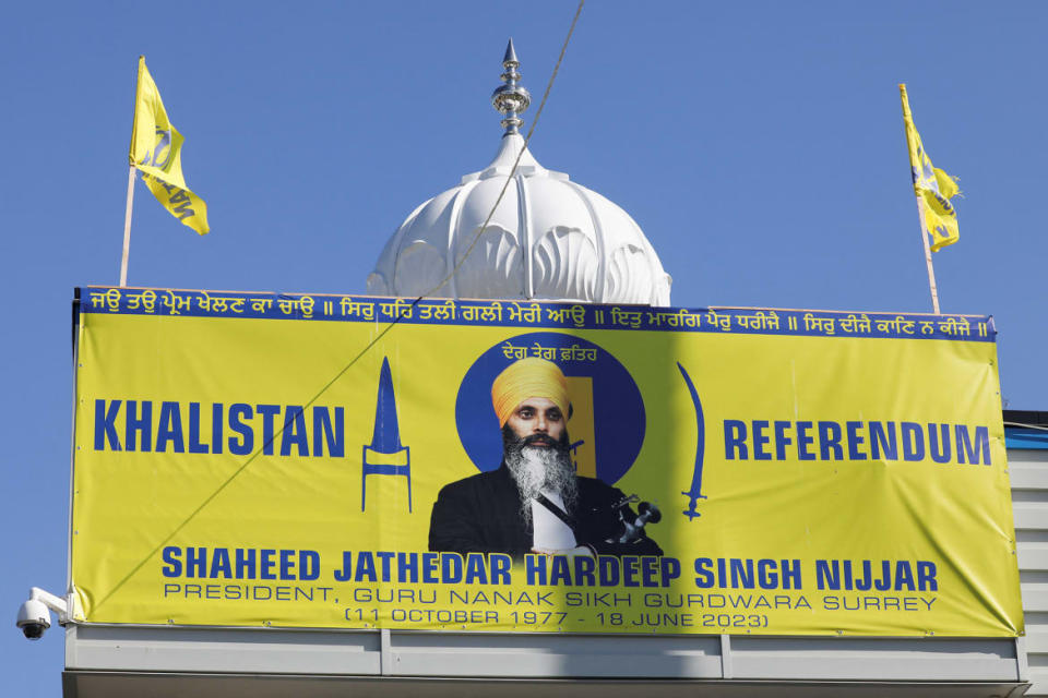 A sign outside the Guru Nanak Sikh Gurdwara temple of Hardeep Singh Nijjar.