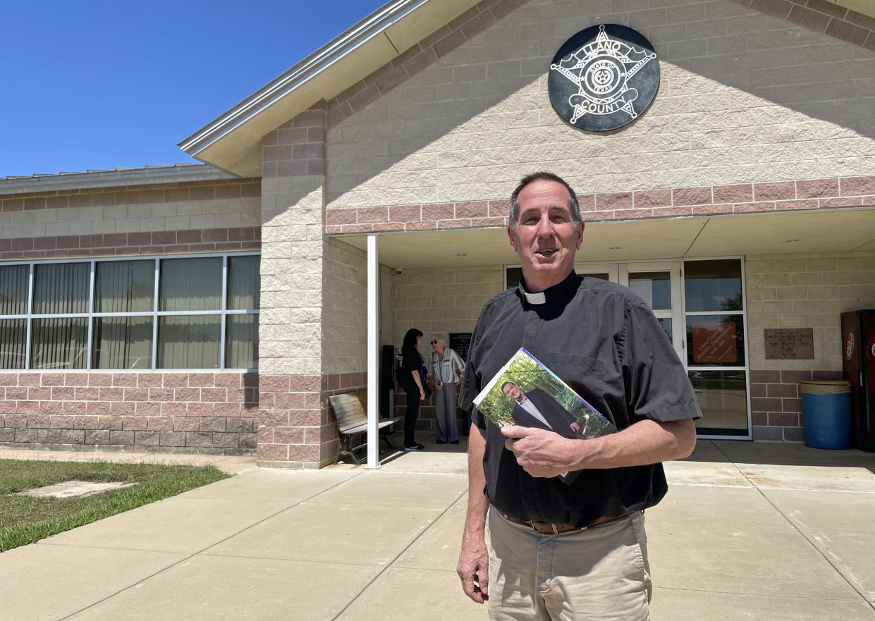 Rev. Kevin Henderson of the local Sunrise Beach Federated Church says he supports keeping the libraries open. He tried to secure a chance to address the Llano County commissioners in their chamber, but was rebuffed. (Suzanne Gamboa / NBC News)