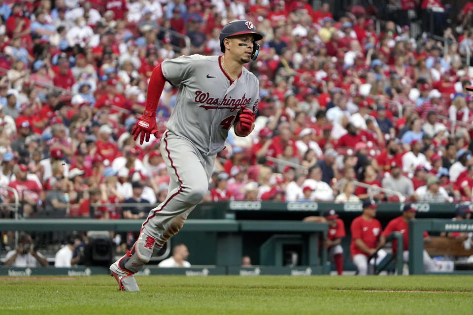 Washington Nationals' Joey Meneses heads to first on an RBI single during the sixth inning of a baseball game against the Washington Nationals Monday, Sept. 5, 2022, in St. Louis. (AP Photo/Jeff Roberson)