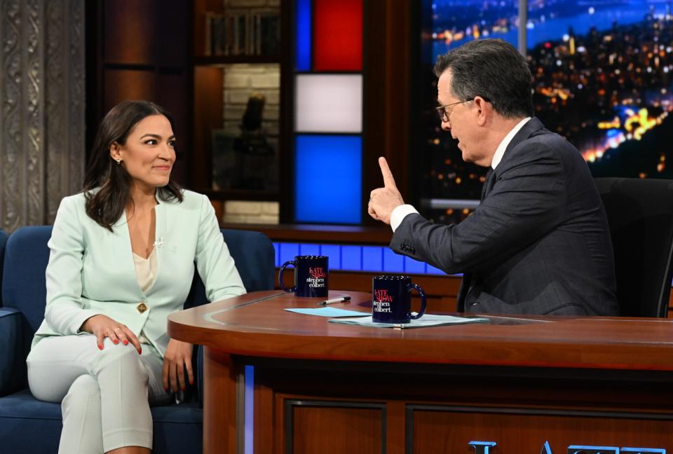 Tahari ASL blazer and pants suit, Rep. Alexandria Ocasio-Cortez on 'The Late Show With Stephen Colbert' 