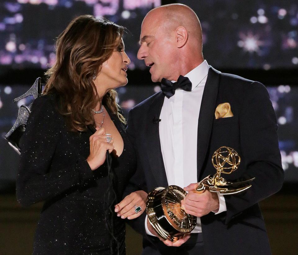 Mariska Hargitay and Christopher Meloni speak on stage during the 74th Annual Primetime Emmy Awards held at the Microsoft Theater on September 12, 2022