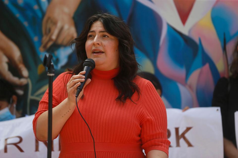 West-Central City Rep. Alexsandra Annello, who is departing council to run for state representative, speaks during the Border Network for Human Rights "March for our Dignity" in Downtown El Paso in support of Haitian asylum-seekers on Sept. 23, 2021.