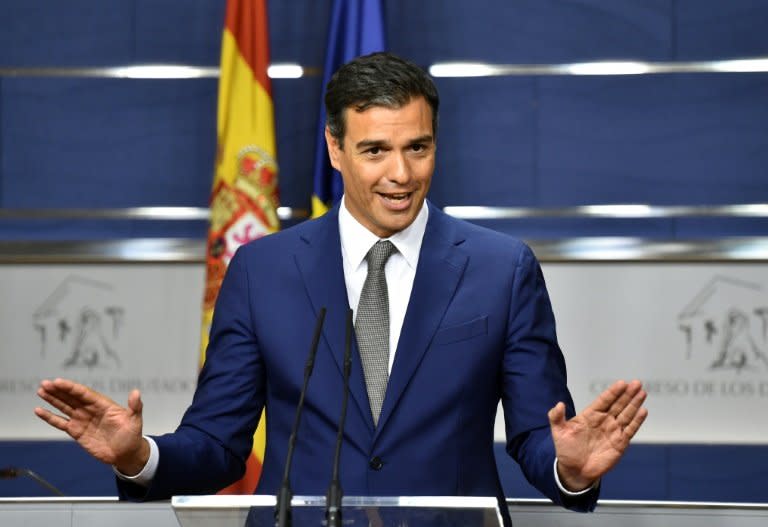 Leader of Spanish Socialist Party Pedro Sanchez at a press conference in Madrid on August 29, 2016, after meeting with interim Prime Minister Mariano Rajoy