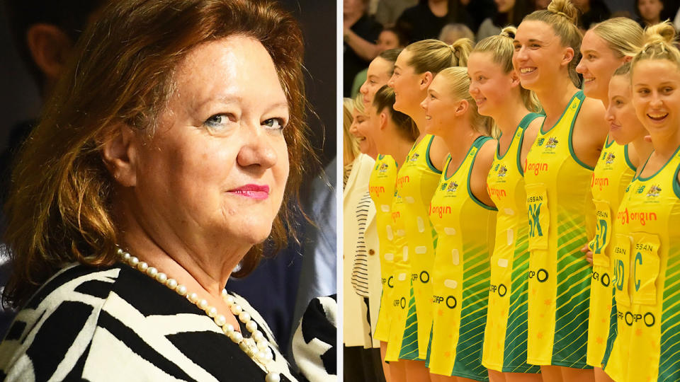 Gina Rinehart is pictured left, and the Australian Diamonds lined up on the right.