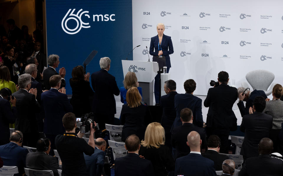 Yulia Navalnaya, wife of Alexei Navalny, speaks at the Munich security conference on Feb. 16, 2024.<span class="copyright">Sven Hoppe—picture alliance/Getty Images</span>