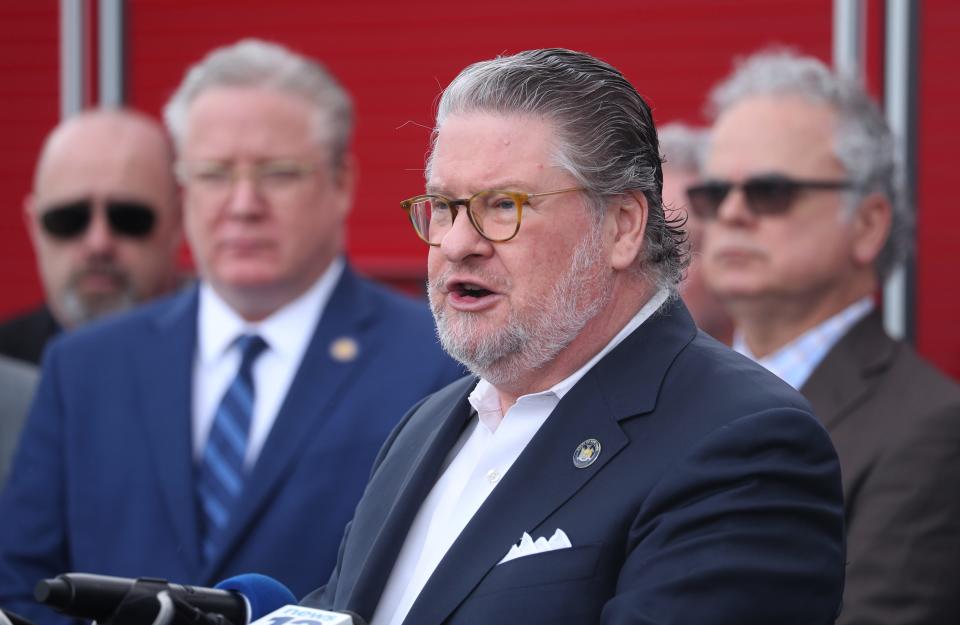 New York State Senator Pete Harckham speaks about several fire safety bills supported by several elected officials in a bipartisan effort at the Rockland County Fire Training Center in Pomona March 15, 2024.