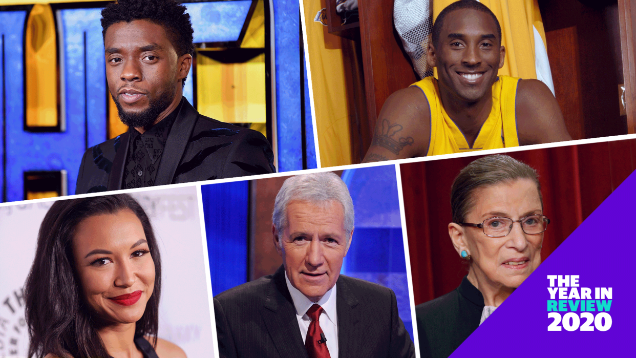 Chadwick Boseman, Kobe Bryant, Ruth Bader Ginsburg, Alex Trebek and Naya Rivera are a few of the celebrities who died in 2020. (Photo: Getty/Design: Nathalie Cruz and Quinn Lemmers for Yahoo Life)