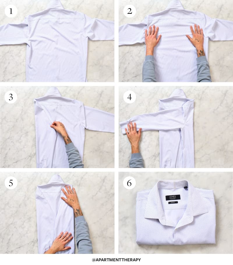 6 steps showing how to fold a shirt