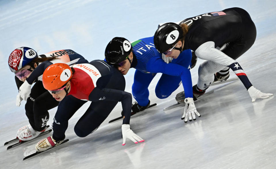 The women’s 1000m short track speed skating event during the the 2022 Winter Olympics. at the Capital Indoor Stadium in Beijing on February 11, 2022. - Credit: AFP via Getty Images