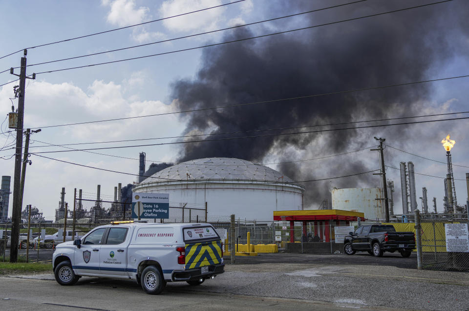 A fire burns at a Shell chemical facility in Deer Park, Friday, May 5, 2023 east of Houston. A chemical plant in the Houston area has caught fire, sending a huge plume of smoke into the sky. The Harris County Sheriff’s Office said Friday the fire was at a Shell USA Inc. facility in Deer Park, a suburb east of Houston. (Raquel Natalicchio/Houston Chronicle via AP)