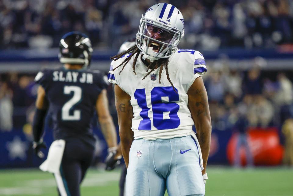 Dallas Cowboys' T.Y. Hilton celebrates a catch during the second half of an NFL football game against the Philadelphia Eagles Saturday, Dec. 24, 2022, in Arlington, Texas. (AP Photo/Ron Jenkins)