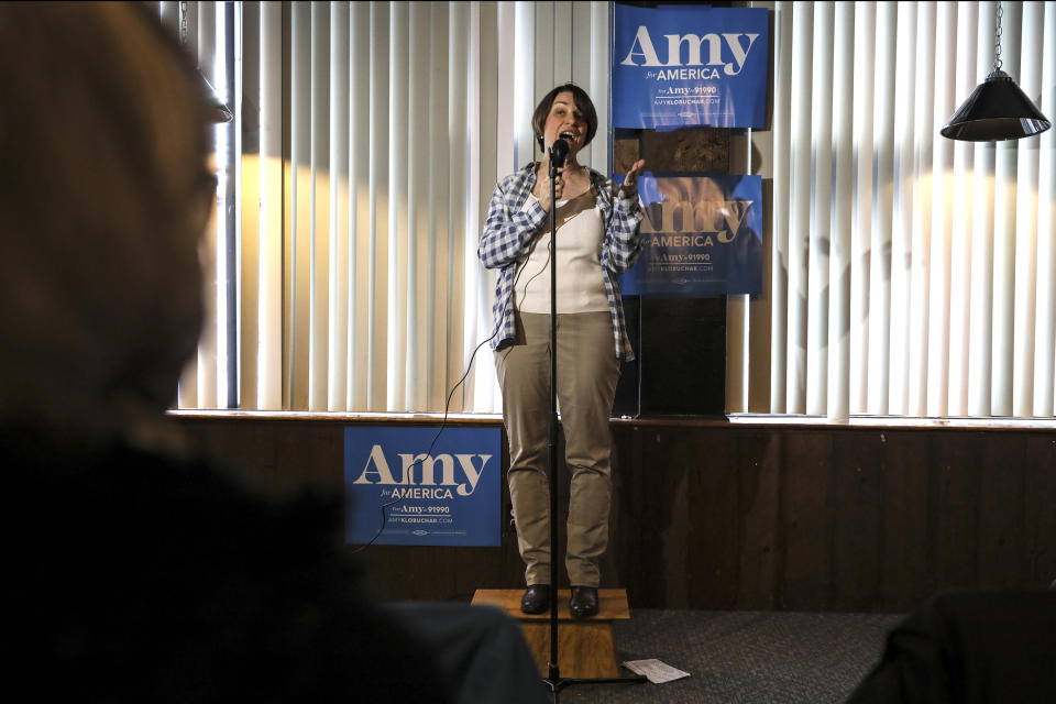 Sen. Amy Klobuchar, D-Minn., speaks to voters during a campaign stop at The Village Trestle in Goffstown, N.H., Monday, Feb. 18, 2019. (AP Photo/Cheryl Senter)