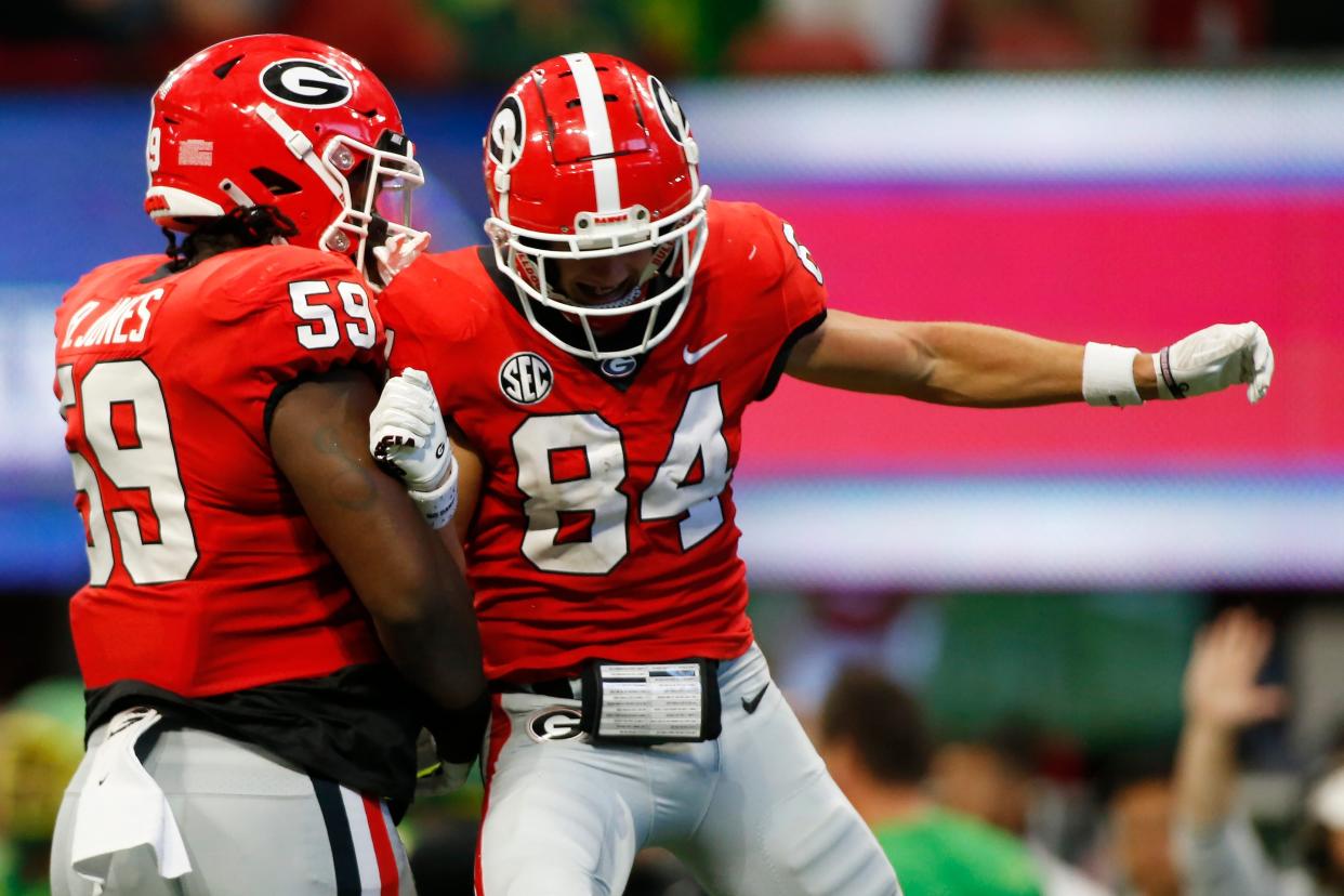 Georgia wide receiver Ladd McConkey (84) celebrates after scoring a touchdown during the first half of the Chick-fil-A Kickoff NCAA football game between Oregon and Georgia in Atlanta, on Saturday, Sept. 3, 2022.