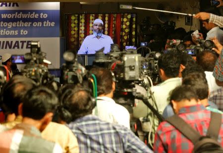 Zakir Naik, an Indian Islamic preacher and founder of Islamic Research Foundation, speaks to the media via a video conference in Mumbai, July 15, 2016. REUTERS/Shailesh Andrade/Files