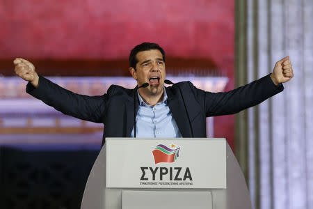 The head of radical leftist Syriza party Alexis Tsipras speaks to supporters after winning the elections in Athens January 25, 2015. REUTERS/Marko Djurica