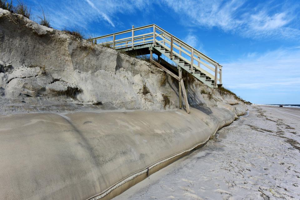 Massive geotextile tubes filled with sand lay exposed along parts of the St Johns County shoreline north of Mickler's Landing, while stairs that that were built to reach the beach now stop in mid-air, feet above the eroded beach's new surface. The tubes were placed there years ago to create a seawall for a series of property owners but now need new attention to have them buried again.