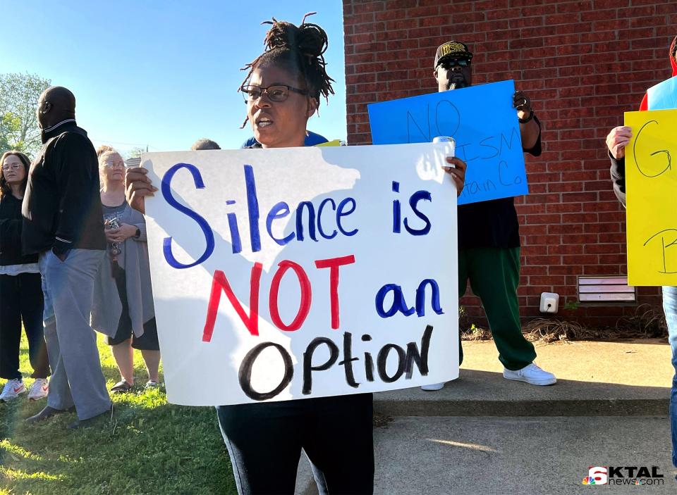 McCurtain County residents protest Monday, April 17, 2023, outside the McCurtain County Commissioners office to protest comments reportedly made by the sheriff, a commissioner, an investigator and a jail administrator.