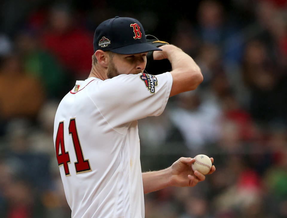 BOSTON MA. – APRIL 9: Chris Sale #41 of the Boston Red Sox reacts after the Toronto Blue Jays scored two runs during the fourth inning of a Major League Baseball game Fenway Park on April 9, 2019 in Boston, Massachusetts. (Staff Photo By Nancy Lane/MediaNews Group/Boston Herald via Getty Images)