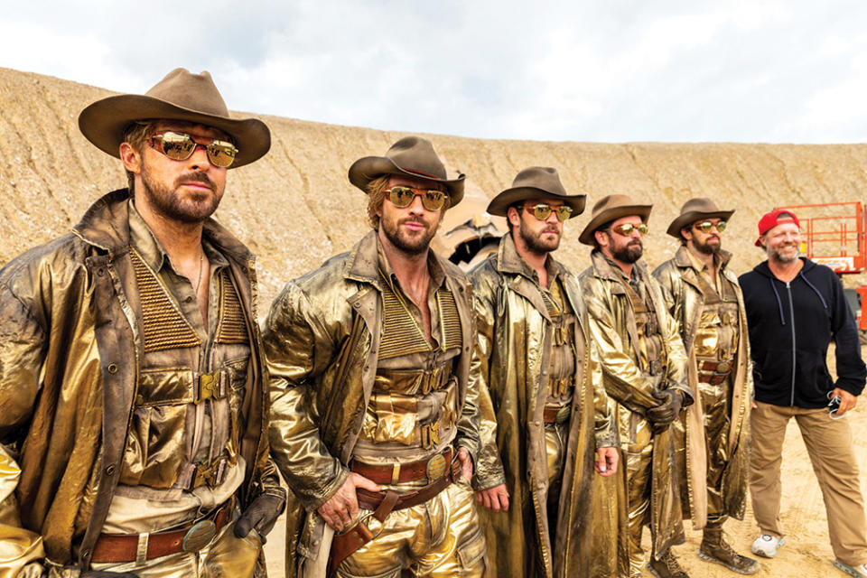 From left Ryan Gosling, Aaron Taylor-Johnson, Jenkin, Holladay, Justin Eaton and Leitch on the set of The Fall Guy.