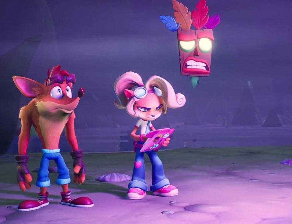 crash bandicoot 4 it's about time, crash, coco and aku aku look off camera to the right, confused