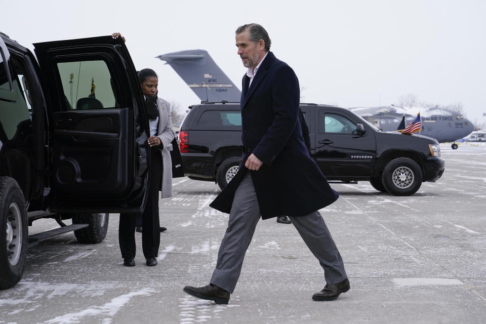 FILE - Hunter Biden, son of President Joe Biden, walks to a motorcade vehicle after stepping off Air Force One with President Biden, Feb. 4, 2023, at Hancock Field Air National Guard Base in Syracuse, N.Y. (AP Photo/Patrick Semansky, File)