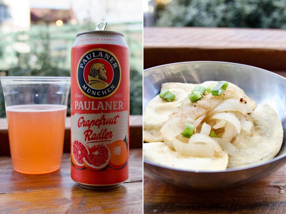 Lunch consisting of pierogies and a German beer, Alison Datko, "I visited a small mountain town in Georgia, where the German-inspired architecture made me feel transported to Europe."