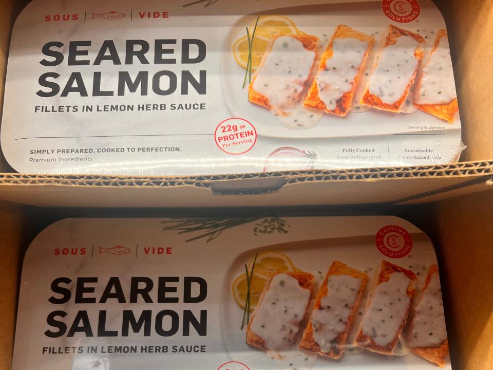 boxes of sous vide seared salmon at costco