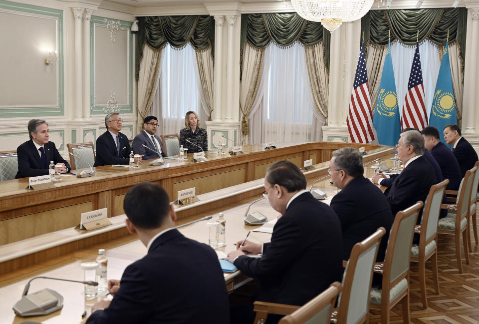 U.S. Secretary of State Antony Blinken, left, meets with Kazakhstan's President Kassym-Jomart Tokayev, third right, at Ak Orda Presidential Palace in Astana, Kazakhstan Tuesday, Feb. 28, 2023. (Olivier Douliery/Pool Photo via AP)