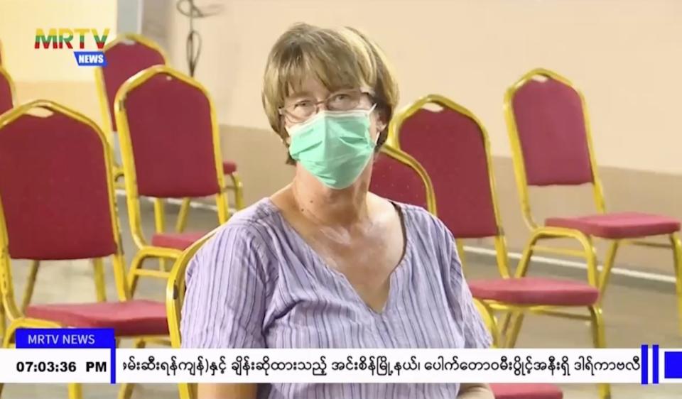 In this image taken from video by Myanmar state broadcaster MRTV, Briton Vicky Bowman is shown seated during a ceremony inside the Insein prison in Yangon, Myanmar on Thursday, Nov. 17, 2022. Myanmar’s military-controlled government says it is releasing and deporting an Australian academic, a Japanese filmmaker, an ex-British diplomat and an American as part of a broad prisoner amnesty marking the country’s National Victory Day. (MRTV via AP)