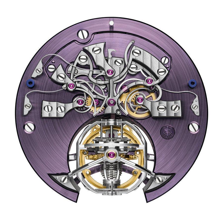 機芯搭載複雜的渾天儀式陀飛輪，其名稱源自18世紀法國製錶大師Antide Janvier。