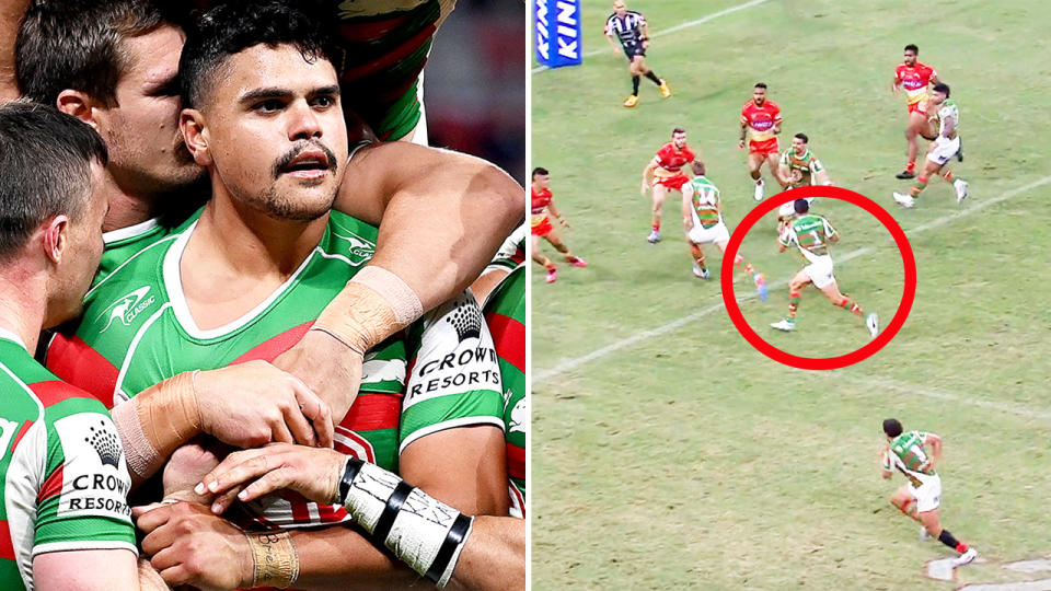 Latrell Mitchell, pictured here producing a powerhouse performance for the Rabbitohs against the Dolphins.