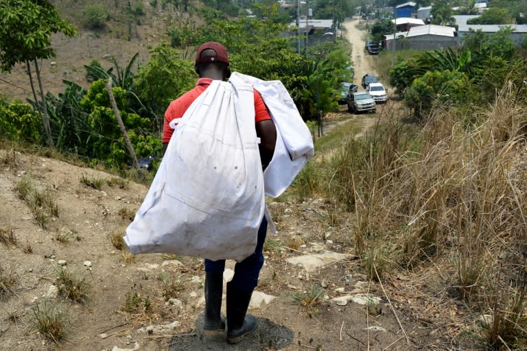 Un funcionario traslada en una bolsa restos humanos hallados en cercanía de Lomas del Carmen, en San Pedro Sula (Honduras) el 27 de mayo de 2024. (Orlando SIERRA)