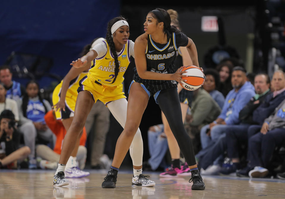 CHICAGO, IL - MAY 30: Rickea Jackson #2 of the Los Angeles Sparks posts up against Angel Reese #5 of the Chicago Sky during the second half on May 30, 2024 at Wintrust Arena in Chicago, Illinois. (Photo by Melissa Tamez/Icon Sportswire via Getty Images)