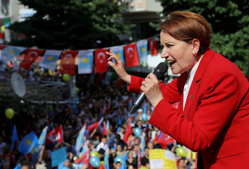 FILE PHOTO: Meral Aksener, Iyi (Good) Party leader, speaks during an election rally in Istanbul