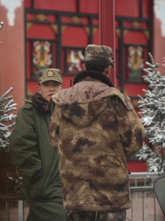 Paramilitary police are seen in Aba county, Sichuan province, on March 11, 2012. Two Tibetan teenagers died in Aba on Tuesday after they set fire to themselves in protest at Chinese rule, reports and Western rights groups said, in a rare instance of a double self-immolation in the restive region