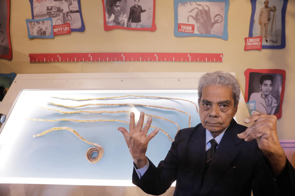 Shridhar Chillal of India displays his newly cut fingernails at an announcement that the five fingernails he grew for 66 years will be displayed in Ripley's Believe it or Not in New York. (Photo: Lucas Jackson / Reuters)