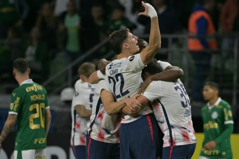 Los jugadores de San Lorenzo celebran el empate 0-0 con Palmeiras en la Copa Libertadores, que les dio acceso a los octavos de final, el 30 de mayo de 2024 en Sao Paulo (NELSON ALMEIDA)