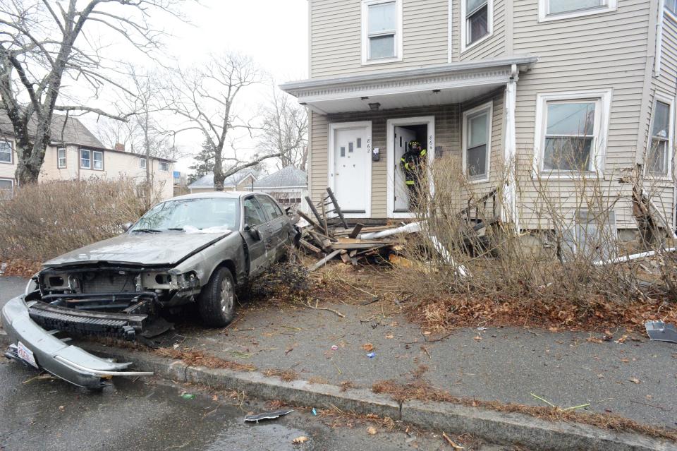 A car struck a house at 862-864 Crescent St. in Brockton on Tuesday, Jan. 25, 2022.