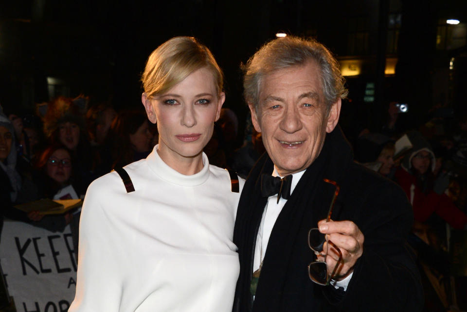 Actors Cate Blanchett and Ian McKellan arrive at the UK premiere of "The Hobbit: An Unexpected Journey" at The Odeon Leicester Square, London on Wednesday, Dec. 12, 2012. (Photo by Jon Furniss/Invision/AP)