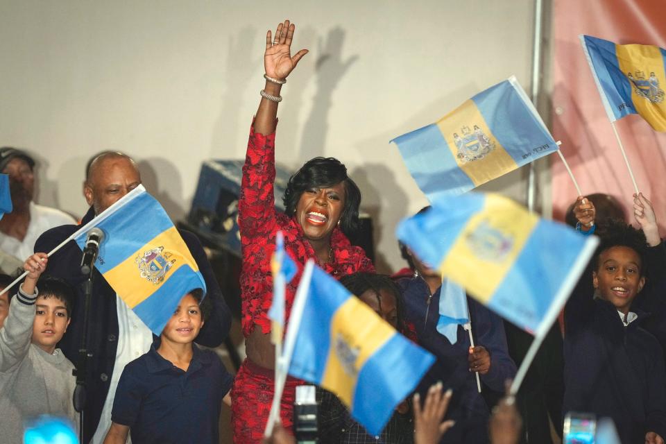 Democratic mayoral candidate Cherelle Parker takes the stage during an election night party in Philadelphia, Tuesday, Nov. 7, 2023. Parker was elected as Philadelphia's 100th mayor, becoming the first woman to hold the office.