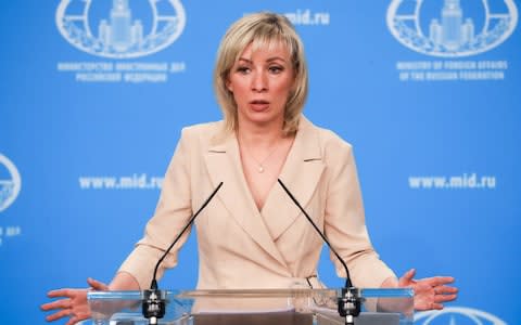 Russian Foreign Ministry spokesperson Maria Zakharova speaks at a briefing on Friday - Credit: Sergei Fadeichev/TASS via Getty